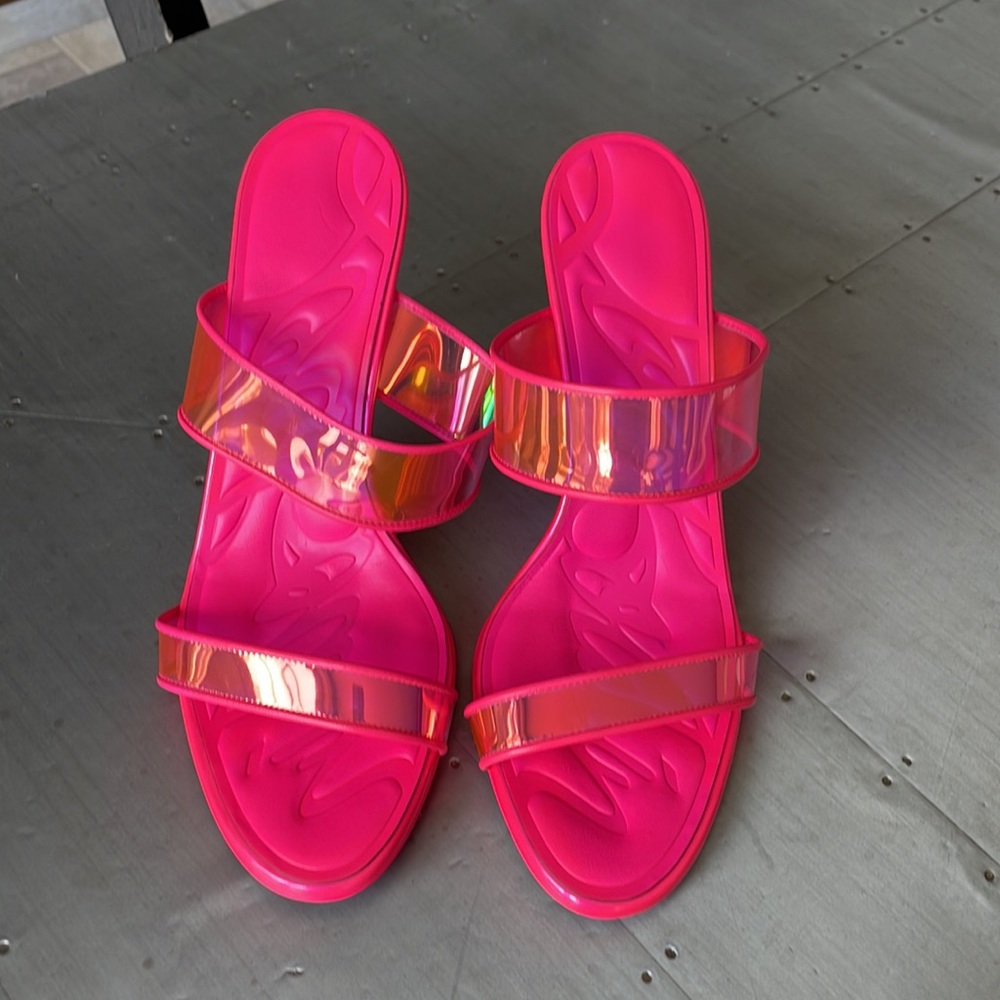 Christian Louboutin just loubi 85mm pink fluo neon pvc sandal stiletto sz 40 - Picture 4 of 13